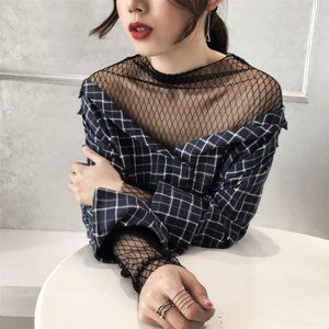 Mock FishnetTwo-Piece Blue Black Plaid Top